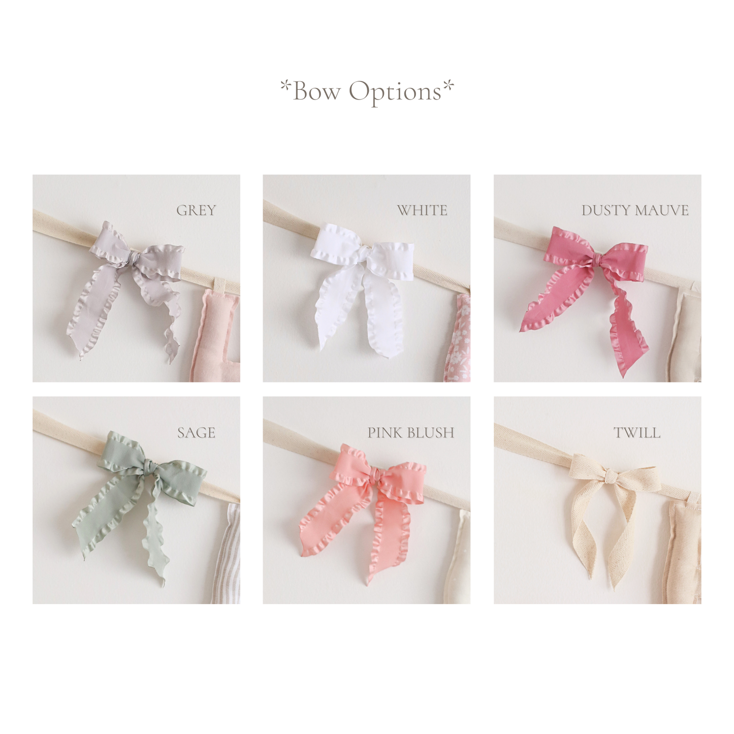 Bow selection chart for handmade birthday and name garlands by Social Heirloom, featuring gray, white, dusty mauve, sage, blush pink, and twill bow options.