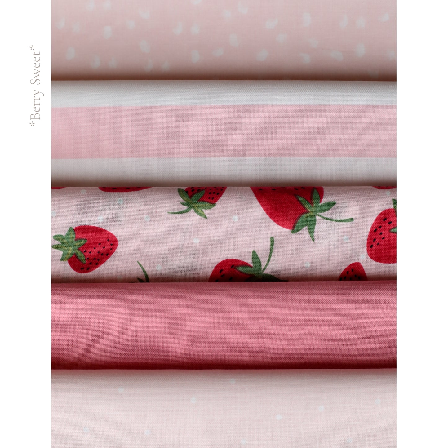 Berry Sweet fabric palette by Social Heirloom – mix of soft pinks, polka dots, and strawberry prints in cotton, used for handmade name and birthday garlands perfect for berry-themed parties and heirloom nursery gifts