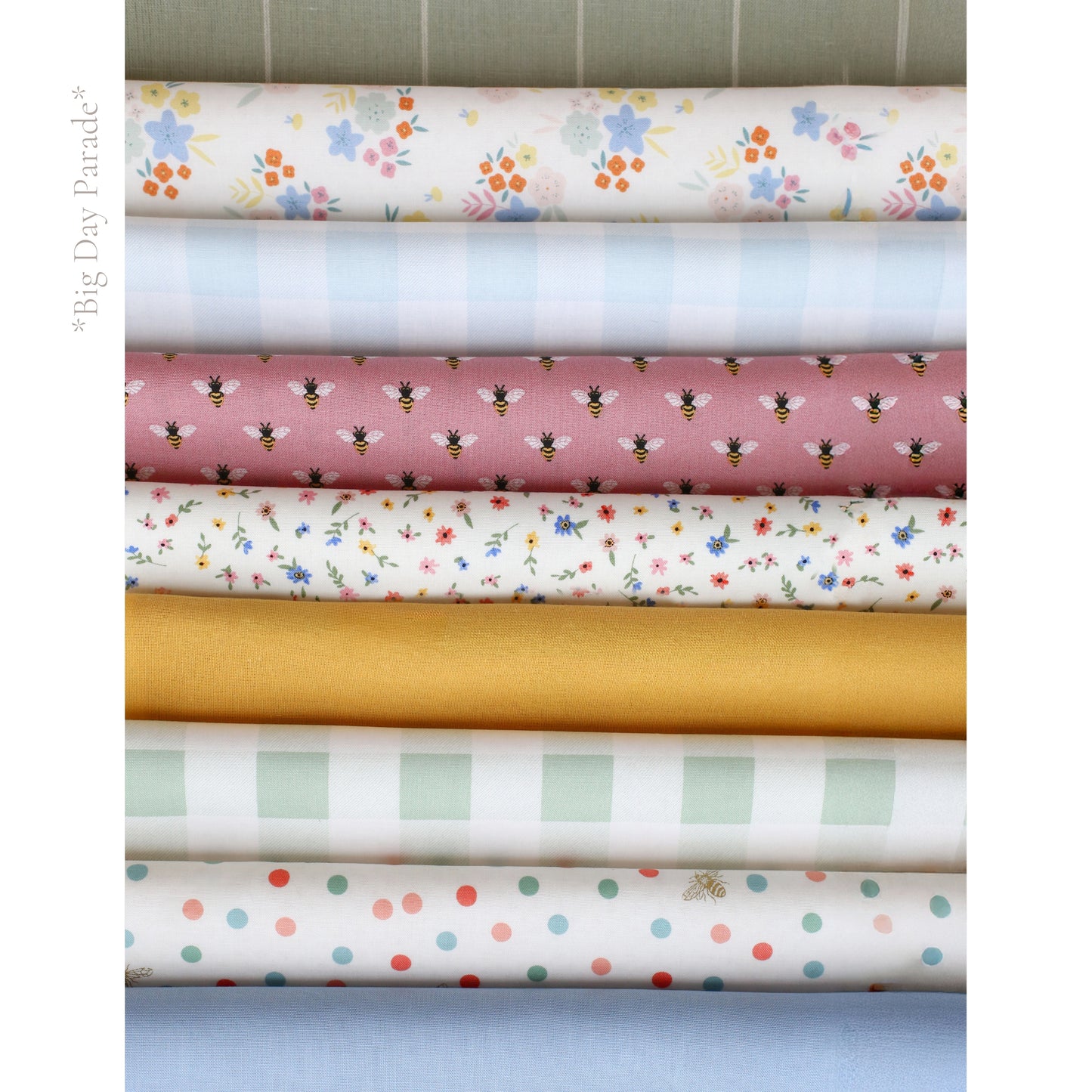 Big Day Parade fabric palette by Social Heirloom – cheerful mix of colorful florals, gingham, polka dots, and solids in soft cottons for handmade name and birthday garlands, perfect for joyful celebrations and kids’ spaces