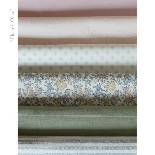 Blush & Olive fabric palette by Social Heirloom – soft pinks, sage greens, florals, dotted textures, and neutral stripes used in handmade name and birthday garlands for nursery decor, heirloom gifts, and first birthdays