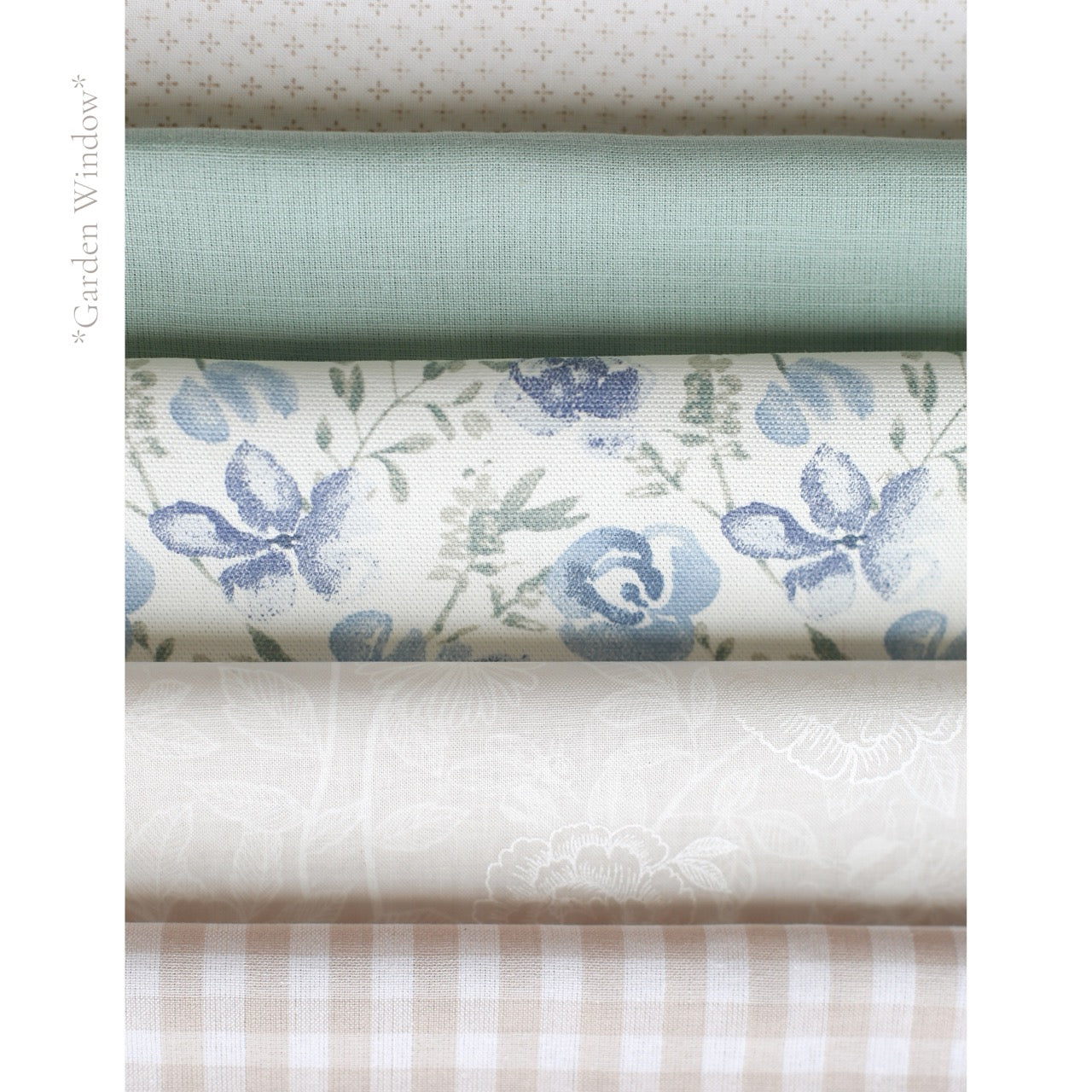 Garden Window fabric palette by Social Heirloom – soft, floral and vintage-inspired fabrics used in custom name garlands and birthday garlands, perfect for nurseries, gifts, and first birthdays