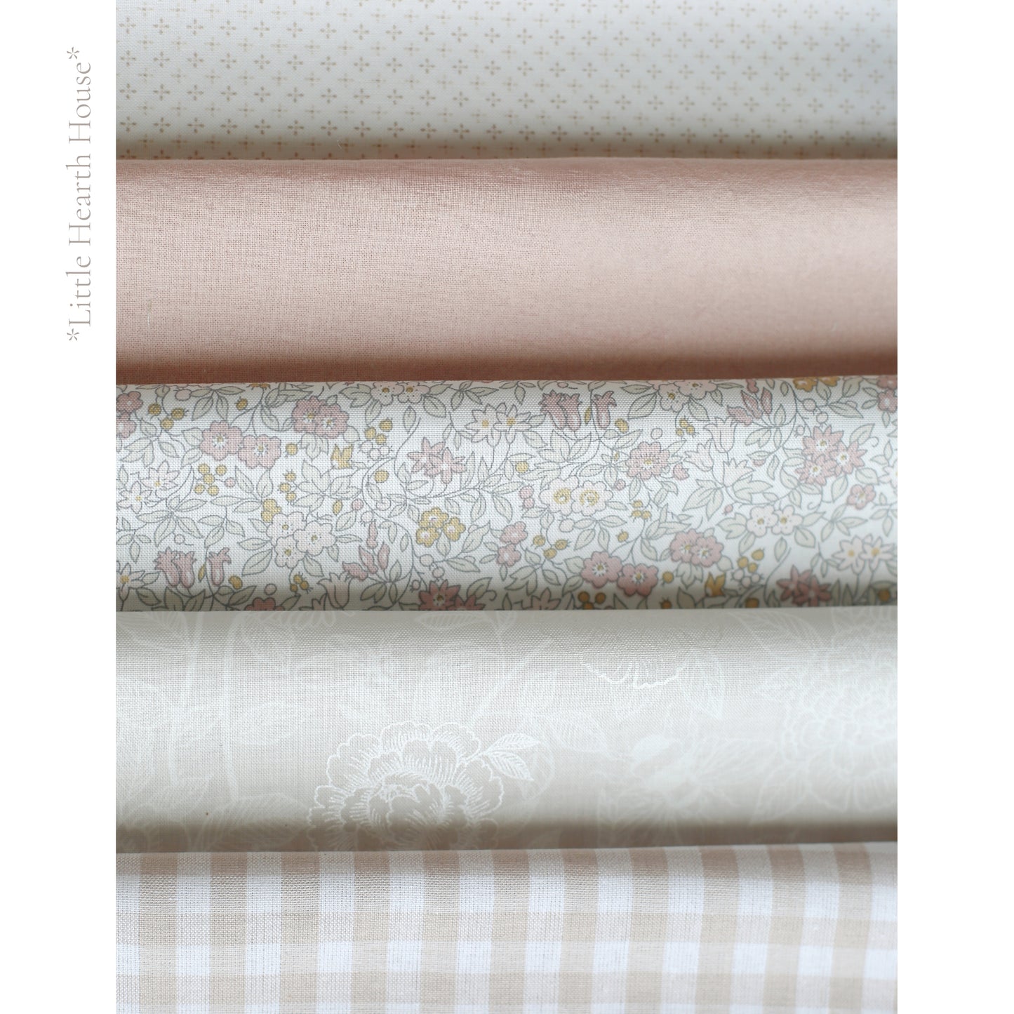 Little Hearth House fabric palette by Social Heirloom – soft florals, gingham, and warm neutrals in blush, cream, and taupe tones, used in handmade name and birthday garlands for nurseries, first birthdays, and keepsake gifts