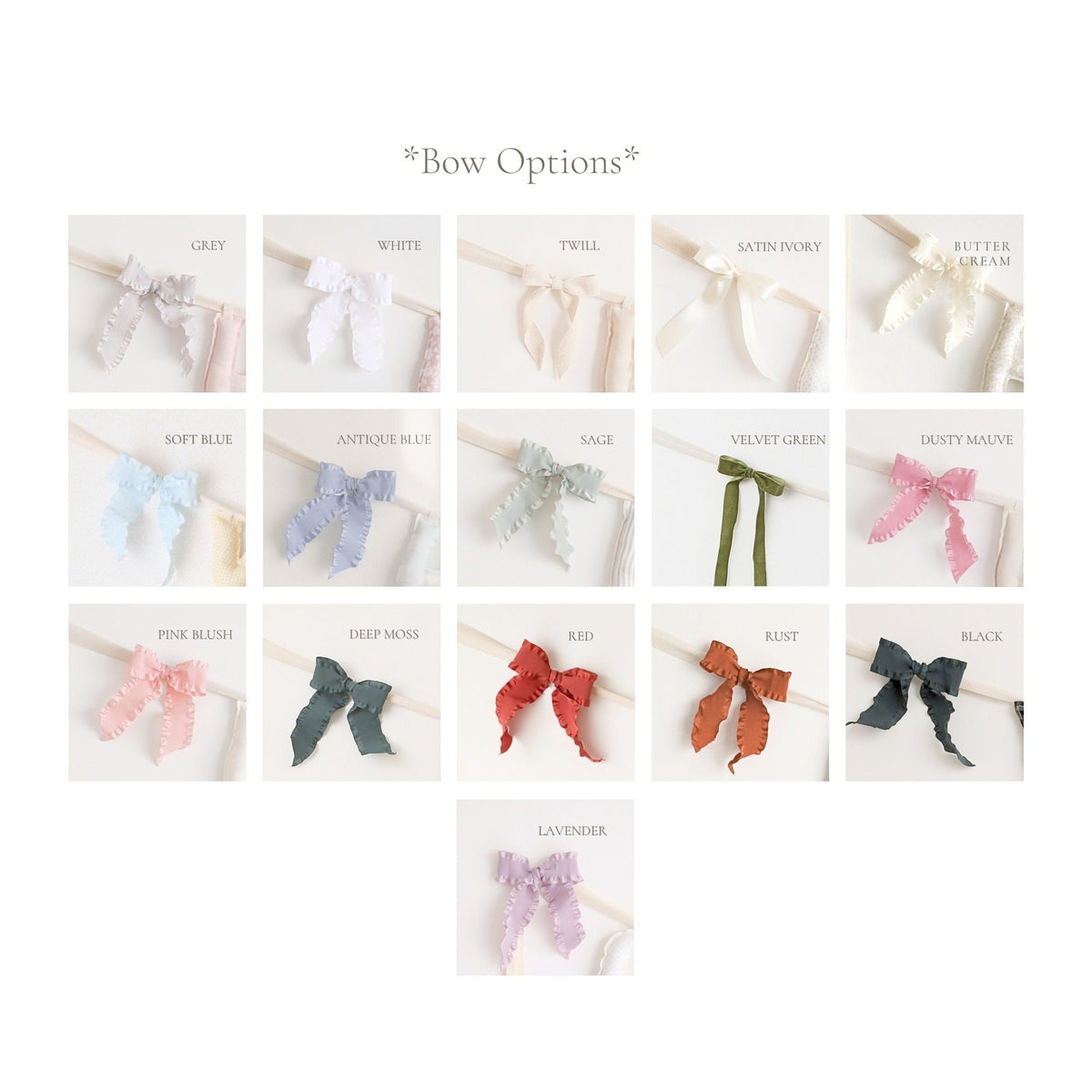 Bow color chart for Social Heirloom garlands, 16 ruffle and velvet options: grey, white, twill, satin ivory, butter cream, soft blue, antique blue, sage, velvet green, dusty mauve, pink blush, deep moss, red, rust, black, and lavender.
