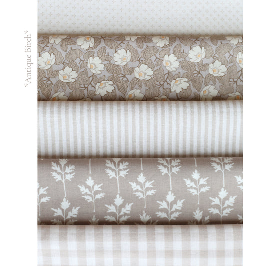 Antique Birch fabric palette by Social Heirloom: taupe florals, a little leaf print, stripes and gingham in warm cream and brown