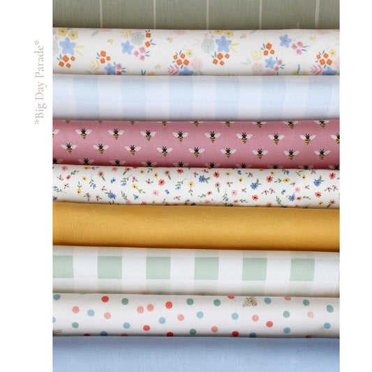 Big Day Parade fabric palette by Social Heirloom: colorful florals, mustard, berry dots, gingham and candy stripes