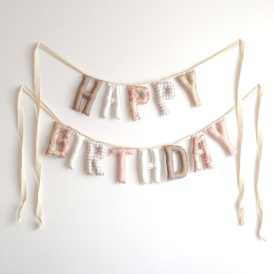 Custom Mix Happy Birthday garland in taupe dot, blush toile, cream and taupe gingham, made by Social Heirloom