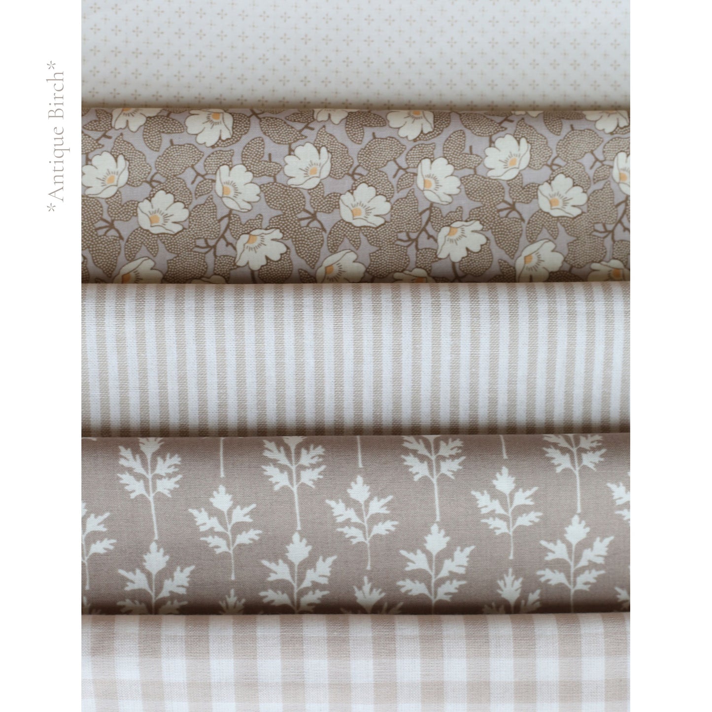 Antique Birch fabric palette by Social Heirloom – soft neutrals in cream, taupe, and warm brown tones with floral, gingham, and striped prints, used for handmade birthday and name garlands with a timeless, heirloom feel