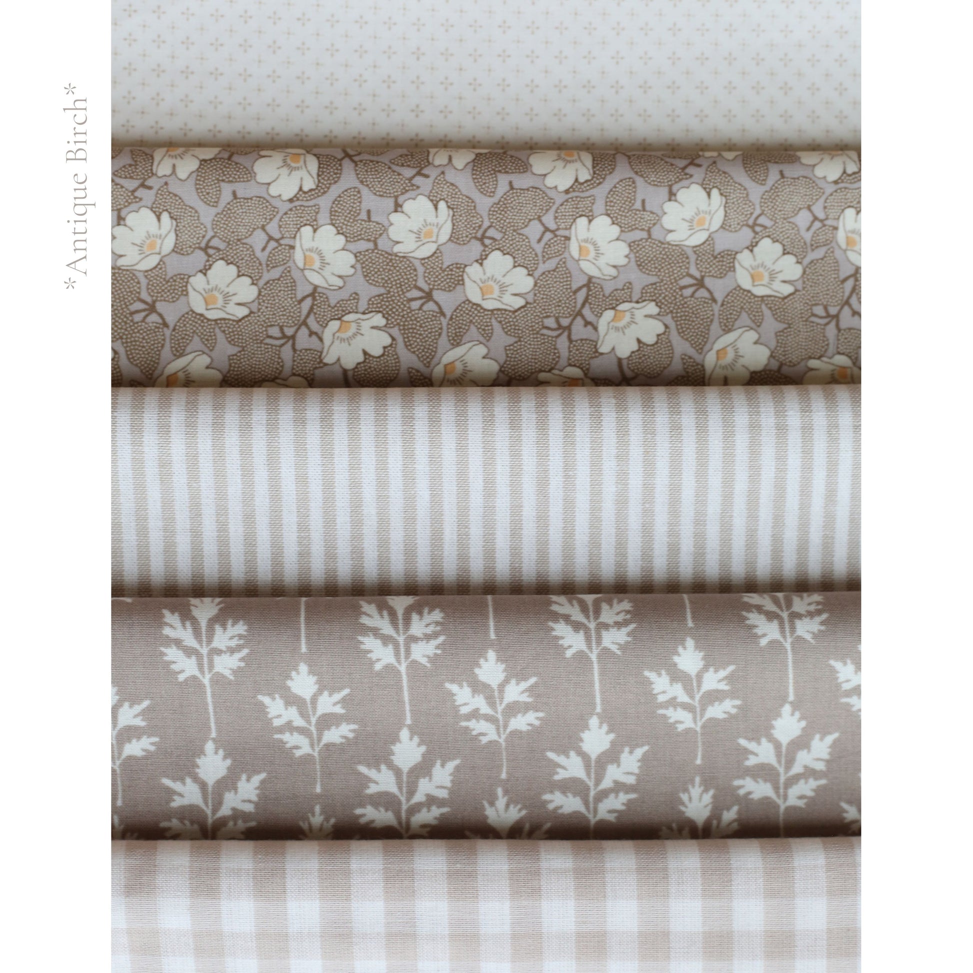 Antique Birch fabric palette by Social Heirloom – soft neutrals in cream, taupe, and warm brown tones with floral, gingham, and striped prints, used for handmade birthday and name garlands with a timeless, heirloom feel