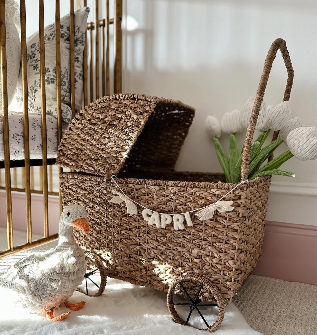 Woven baby bassinet with a toy duck and plant in a nursery setting