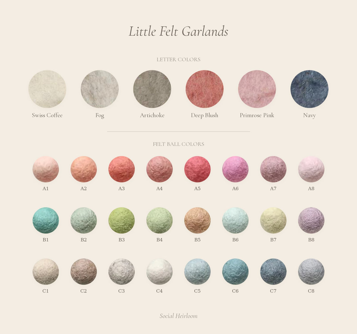 Little Felt Garland color chart with six letter colors and 24 felt ball colors, A1 to C8