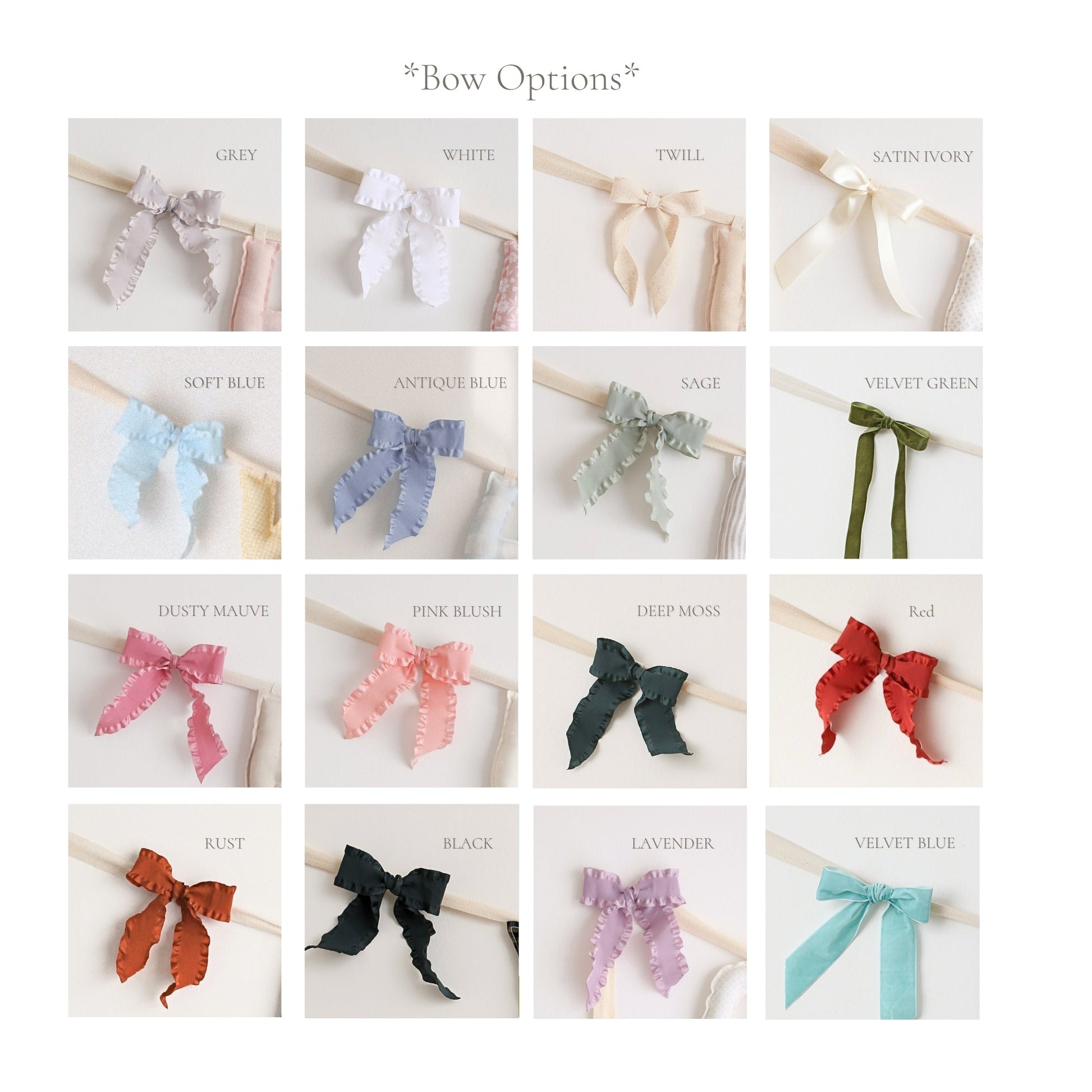 Bow color chart for Social Heirloom name garlands, 16 ruffle and velvet options: grey, white, twill, satin ivory, soft blue, antique blue, sage, velvet green, dusty mauve, pink blush, deep moss, red, rust, black, lavender, and velvet blue.