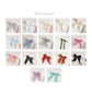 Bow color chart for Social Heirloom garlands, 17 ruffle and velvet options: grey, white, twill, satin ivory, butter, soft blue, antique blue, sage, velvet green, dusty mauve, pink blush, deep moss, red, rust, black, lavender, and velvet blue.