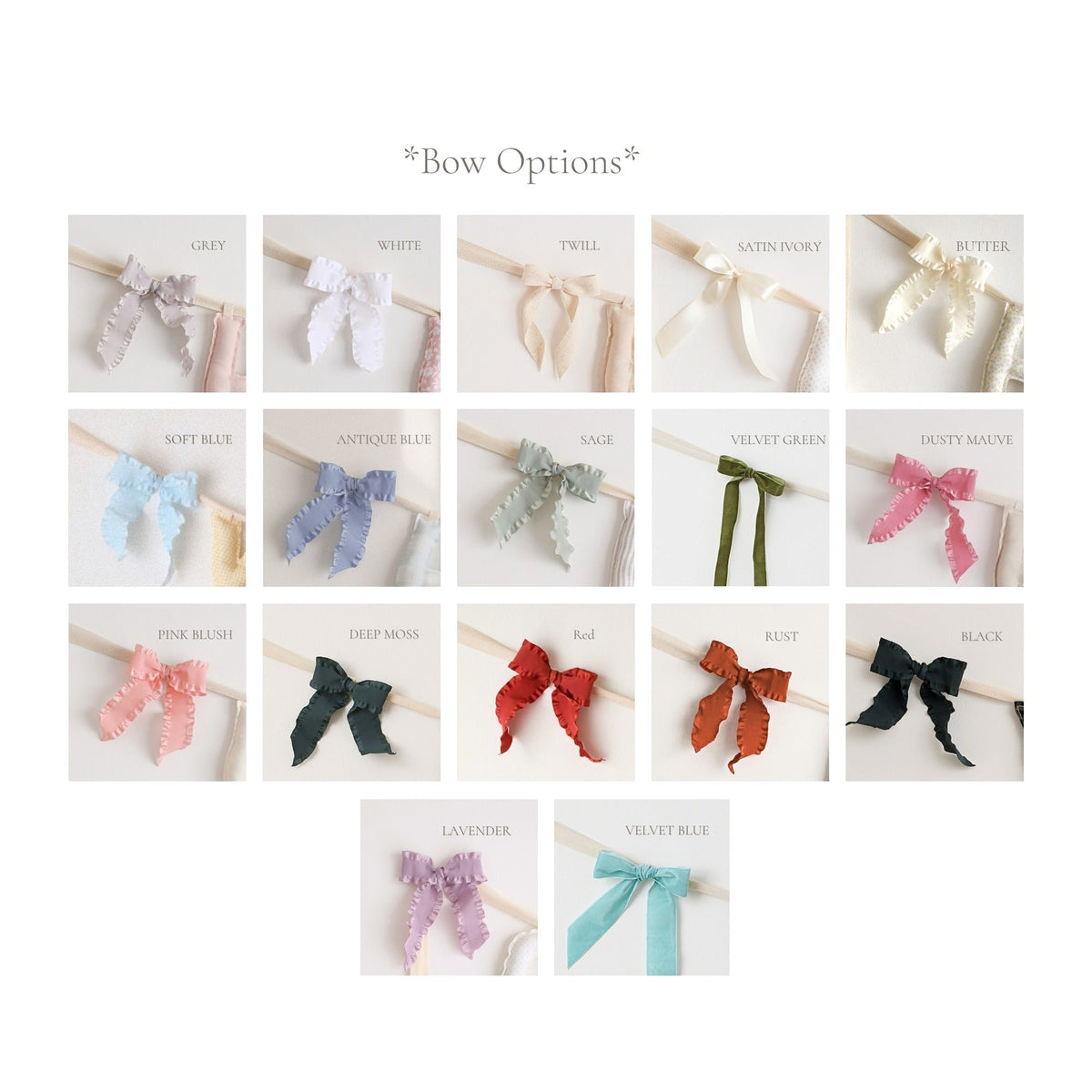 Bow color chart for Social Heirloom garlands, 17 ruffle and velvet options: grey, white, twill, satin ivory, butter, soft blue, antique blue, sage, velvet green, dusty mauve, pink blush, deep moss, red, rust, black, lavender, and velvet blue.