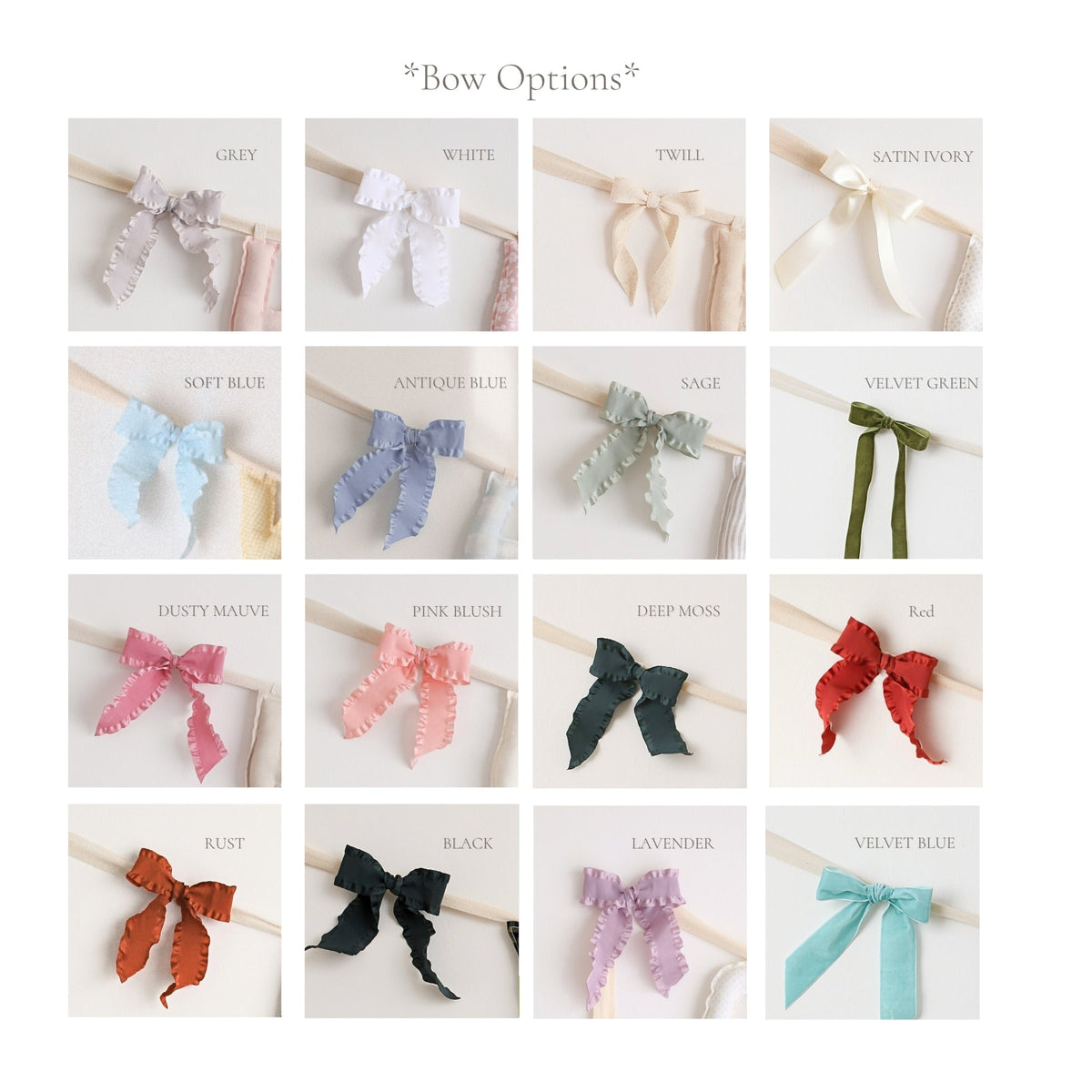 Bow color chart for Social Heirloom name garlands, 16 ruffle and velvet options: grey, white, twill, satin ivory, soft blue, antique blue, sage, velvet green, dusty mauve, pink blush, deep moss, red, rust, black, lavender, and velvet blue.