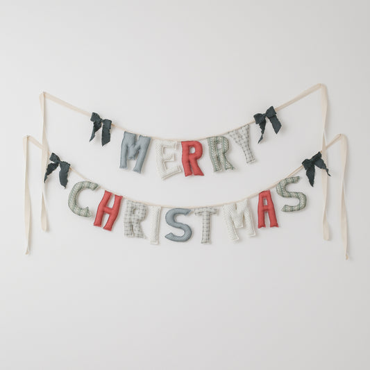 Merry Christmas banner with red and gray letters on a white background
