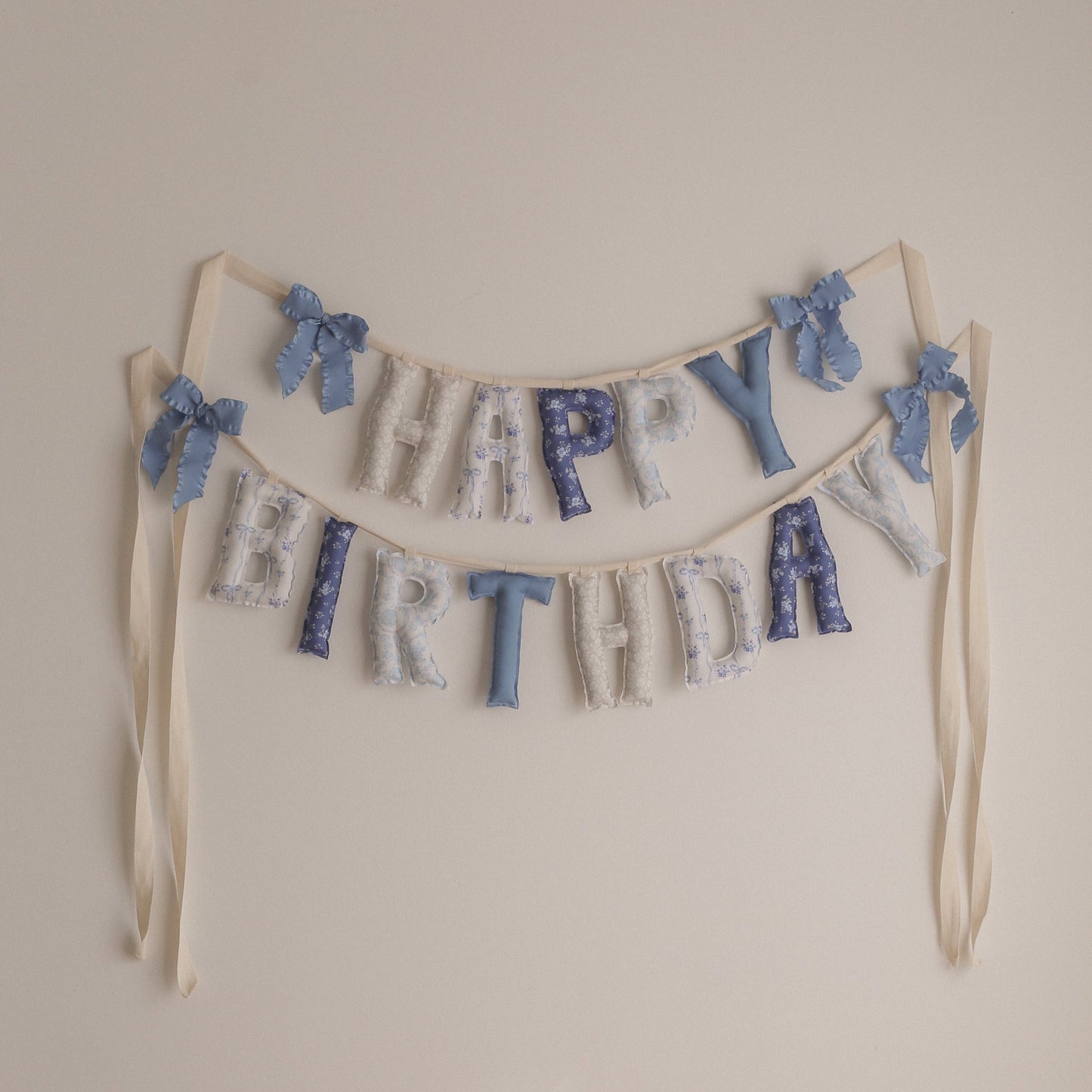 Decorative 'Happy Birthday' banner with blue and white elements on a plain wall.