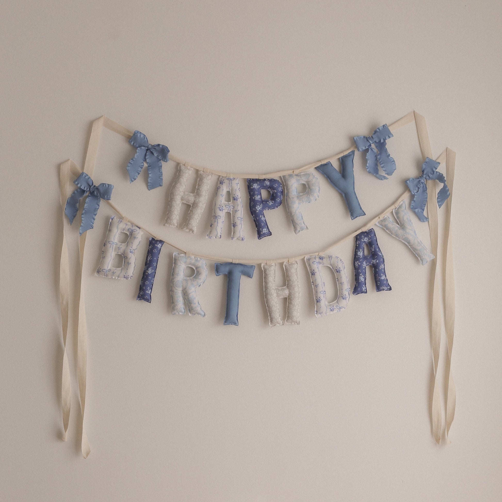 Decorative 'Happy Birthday' banner with blue and white elements on a plain wall.