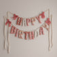 Fabric Happy Birthday banner with pink 70s groovy print on a white wall