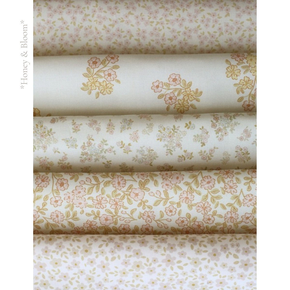 Honey & Bloom fabric palette by Social Heirloom: pale vintage florals of blush, cream and buttery yellow