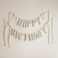 Honey & Bloom Happy Birthday garland by Social Heirloom, handmade fabric letters in pale vintage florals of blush, cream and buttery yellow
