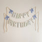 Huckleberry Happy Birthday garland by Social Heirloom, handmade fabric letters in soft blue stripes, sage gingham and sweet little checks in blue, green and oat