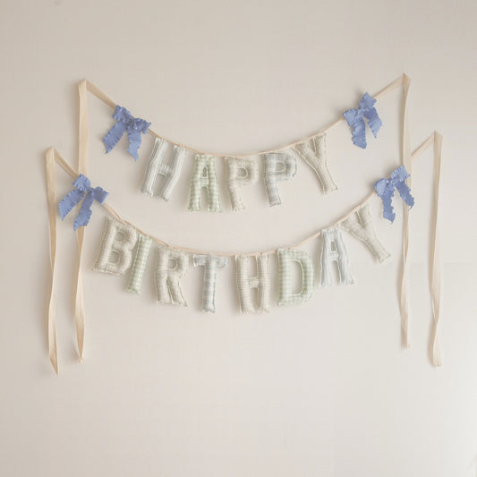 Huckleberry Happy Birthday garland by Social Heirloom, handmade fabric letters in soft blue stripes, sage gingham and sweet little checks in blue, green and oat