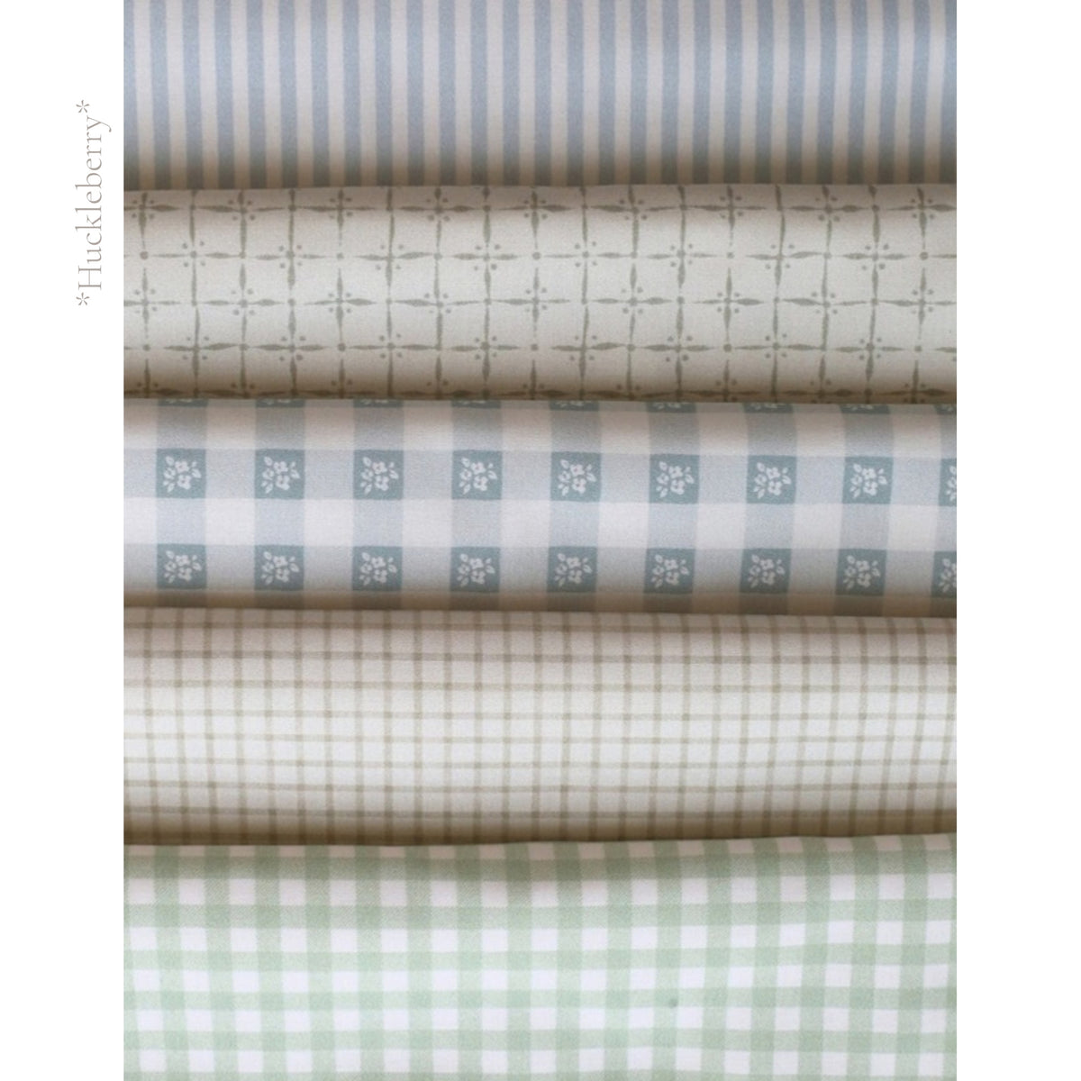 Huckleberry fabric palette by Social Heirloom: soft blue stripes, sage gingham and sweet little checks in blue, green and oat