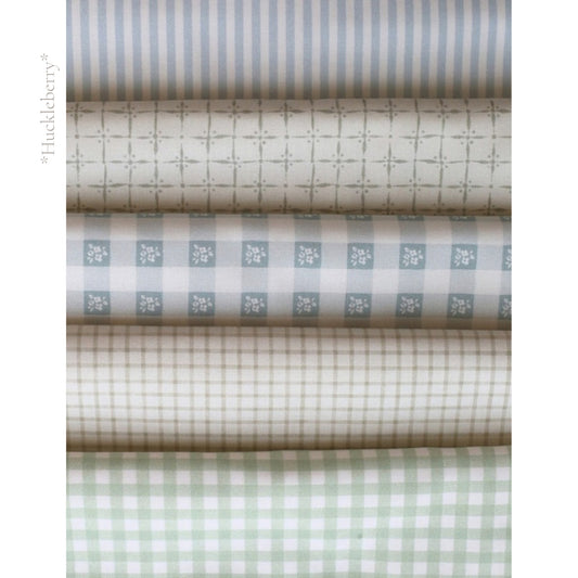 Huckleberry fabric palette by Social Heirloom: soft blue stripes, sage gingham and sweet little checks in blue, green and oat