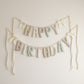 Sunday Cottage Happy Birthday garland by Social Heirloom, handmade fabric letters in tiny florals across taupe, cream, dusty rose, sage and blush