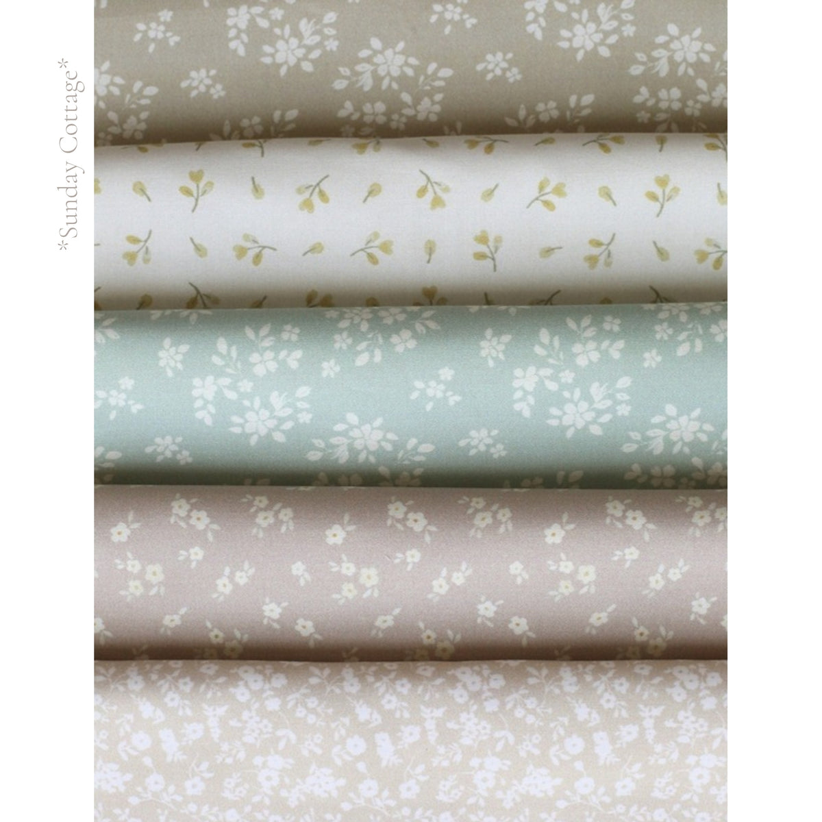 Sunday Cottage fabric palette by Social Heirloom: tiny florals across taupe, cream, dusty rose, sage and blush