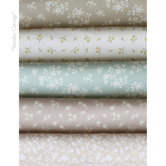 Sunday Cottage fabric palette by Social Heirloom: tiny florals across taupe, cream, dusty rose, sage and blush