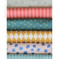 Wind-Up Circus fabric palette by Social Heirloom: stars, harlequin diamonds, coral stripes and little blue flowers in teal, mustard, coral and pink