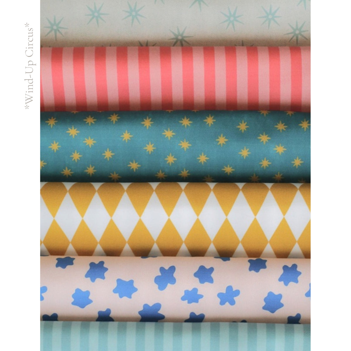 Wind-Up Circus fabric palette by Social Heirloom: stars, harlequin diamonds, coral stripes and little blue flowers in teal, mustard, coral and pink